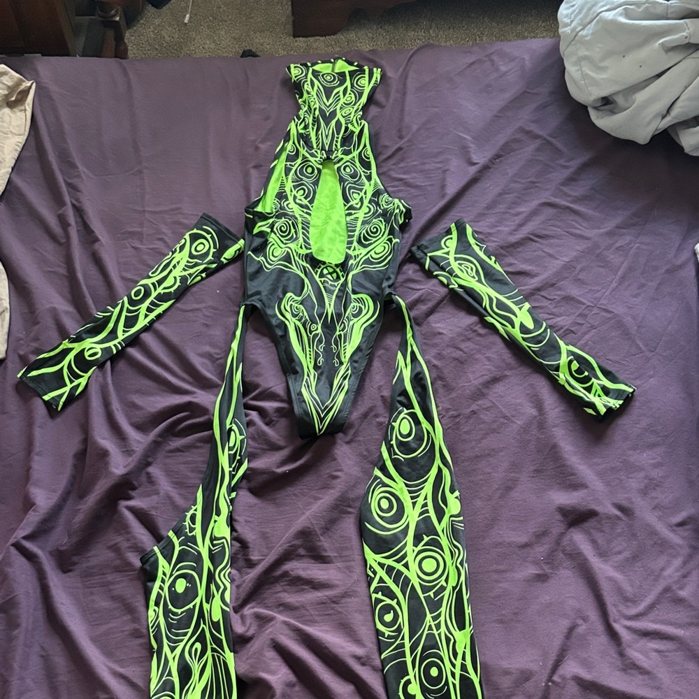 Neon Green and Black Bodysuit with Built in Mask and Chaps, gloves